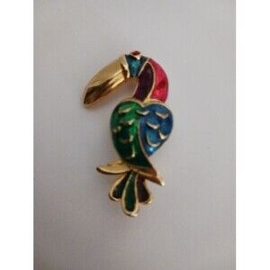 Vintage Enamel Toucan Brooch Pin Multi-Colored with Red Crystal Eye